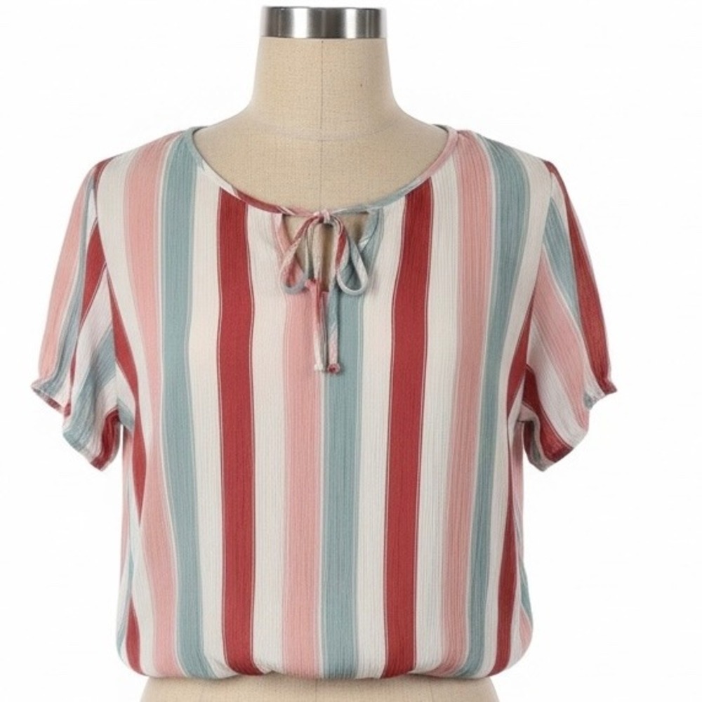 Pink Rose Striped Smocked Waist Keyhole Tie Top Pink Blue Large‎